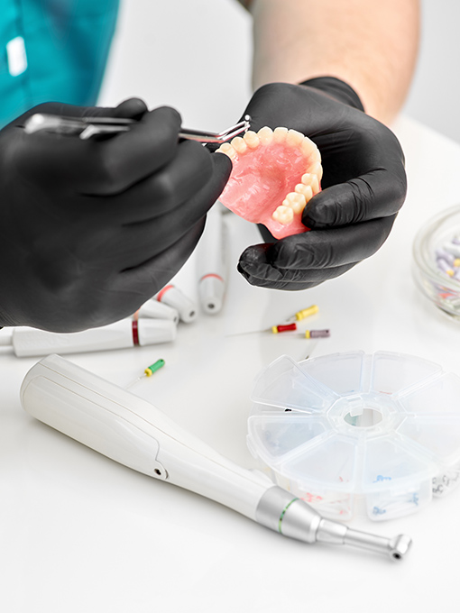 Orthodontist is working on cast of jaw. Orthodontics. Orthodontist makes a denture. model koron